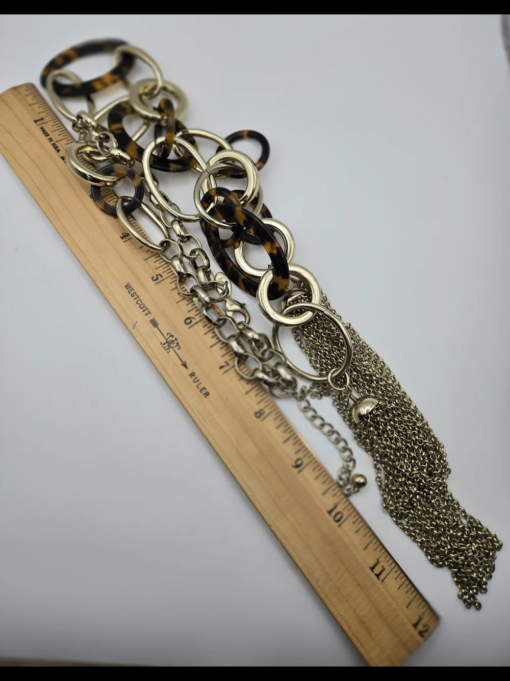 Chico's Long Tortoiseshell Gold Chain-Link Necklace Gold Tassels Bold Statement